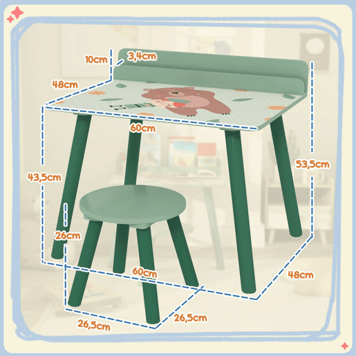 AIYAPLAY Mesa e Cadeira para Crianças Conjunto de 2 Peás de Mesa Infantil com Cadeira e Prateleira para Livros Secretária para Crianças acima de 3 Anos para Sala de Jogos Dormitório Verde