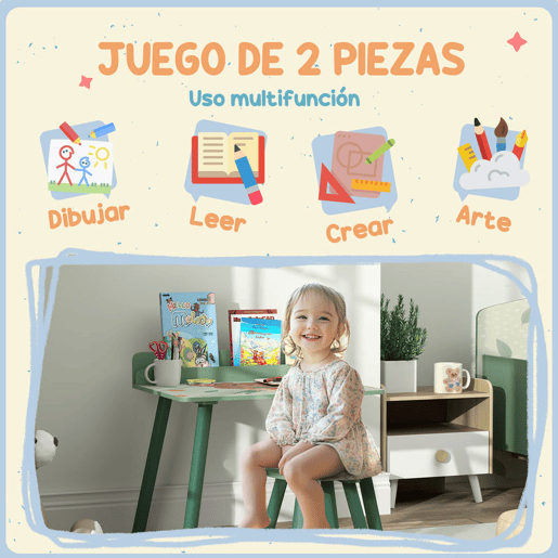 AIYAPLAY Mesa e Cadeira para Crianças Conjunto de 2 Peás de Mesa Infantil com Cadeira e Prateleira para Livros Secretária para Crianças acima de 3 Anos para Sala de Jogos Dormitório Verde