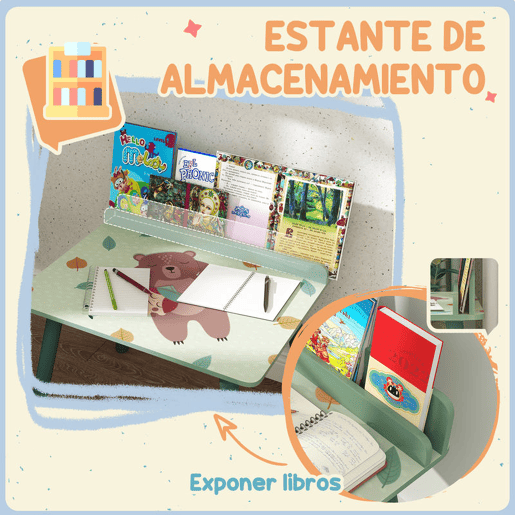 AIYAPLAY Mesa e Cadeira para Crianças Conjunto de 2 Peás de Mesa Infantil com Cadeira e Prateleira para Livros Secretária para Crianças acima de 3 Anos para Sala de Jogos Dormitório Verde