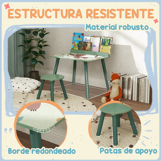 AIYAPLAY Mesa e Cadeira para Crianças Conjunto de 2 Peás de Mesa Infantil com Cadeira e Prateleira para Livros Secretária para Crianças acima de 3 Anos para Sala de Jogos Dormitório Verde