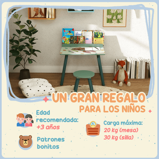 AIYAPLAY Mesa e Cadeira para Crianças Conjunto de 2 Peás de Mesa Infantil com Cadeira e Prateleira para Livros Secretária para Crianças acima de 3 Anos para Sala de Jogos Dormitório Verde