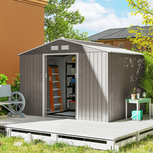 Outsunny Abrigo de Jardim Exterior Abrigo e Jardim Metálico para Armazenamento de Ferramentas com Base de Reforço Incluída e 4 Janelas 277x195x192 cm Madeira