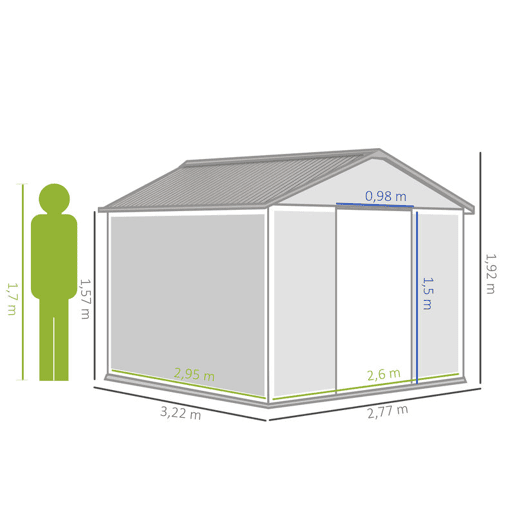 Outsunny Abrigo de Jardim Exterior Abrigo e Jardim Metálico para Armazenamento de Ferramentas com Base de Reforço Incluída e 4 Janelas 277x195x192 cm Madeira