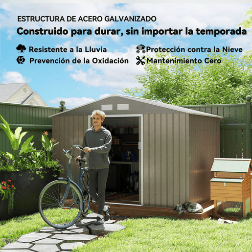 Outsunny Abrigo de Jardim Exterior Abrigo e Jardim Metálico para Armazenamento de Ferramentas com Base de Reforço Incluída e 4 Janelas 277x195x192 cm Madeira
