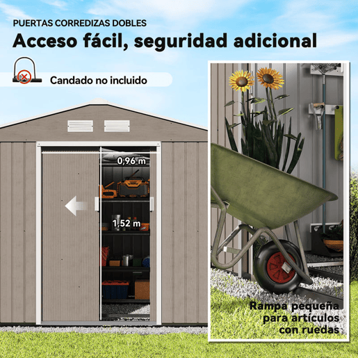 Outsunny Abrigo de Jardim Exterior Abrigo e Jardim Metálico para Armazenamento de Ferramentas com Base de Reforço Incluída e 4 Janelas 277x195x192 cm Madeira