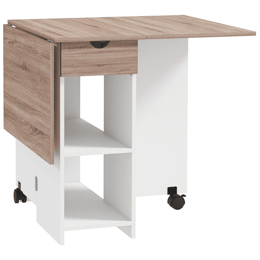 HOMCOM Mesa de Cozinha Dobrável Mesa de Sala de Jantar com Rodas Laterais Rebatíveis Gaveta e Prateleiras Mesa Dobrável para 2-4 Pessoas 120x72x75 cm Madeira e Branco