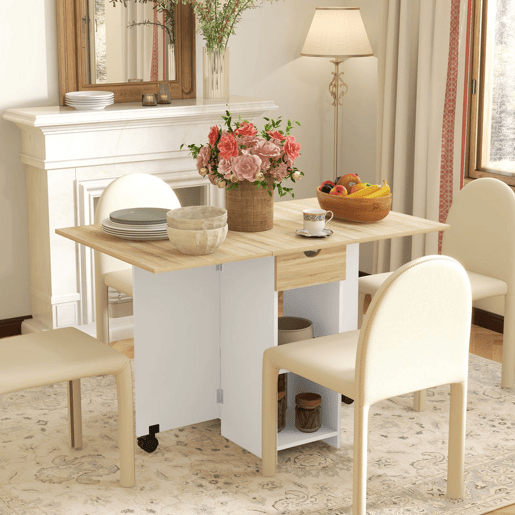 HOMCOM Mesa de Cozinha Dobrável Mesa de Sala de Jantar com Rodas Laterais Rebatíveis Gaveta e Prateleiras Mesa Dobrável para 2-4 Pessoas 120x72x75 cm Madeira e Branco