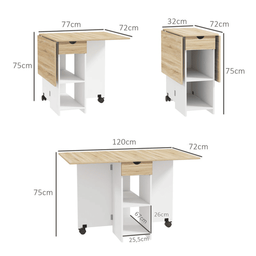 HOMCOM Mesa de Cozinha Dobrável Mesa de Sala de Jantar com Rodas Laterais Rebatíveis Gaveta e Prateleiras Mesa Dobrável para 2-4 Pessoas 120x72x75 cm Madeira e Branco