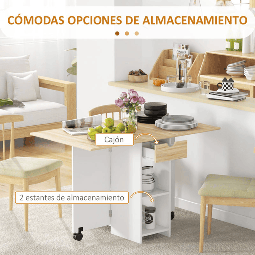 HOMCOM Mesa de Cozinha Dobrável Mesa de Sala de Jantar com Rodas Laterais Rebatíveis Gaveta e Prateleiras Mesa Dobrável para 2-4 Pessoas 120x72x75 cm Madeira e Branco
