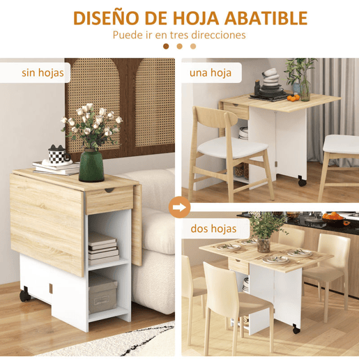 HOMCOM Mesa de Cozinha Dobrável Mesa de Sala de Jantar com Rodas Laterais Rebatíveis Gaveta e Prateleiras Mesa Dobrável para 2-4 Pessoas 120x72x75 cm Madeira e Branco