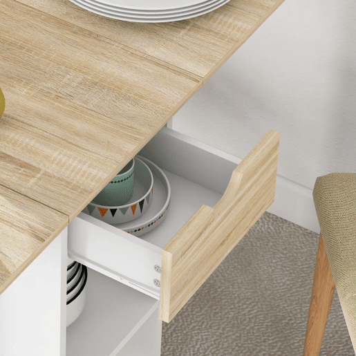 HOMCOM Mesa de Cozinha Dobrável Mesa de Sala de Jantar com Rodas Laterais Rebatíveis Gaveta e Prateleiras Mesa Dobrável para 2-4 Pessoas 120x72x75 cm Madeira e Branco