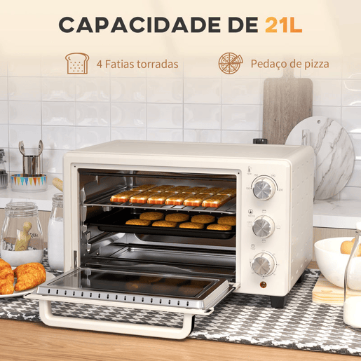 HOMCOM Forno Elétrico de Bancada Forno de Bancada de 21L 1400W Mini Forno Torradeira com Temporizador até 60min e Temperatura Regulável até 230? Creme