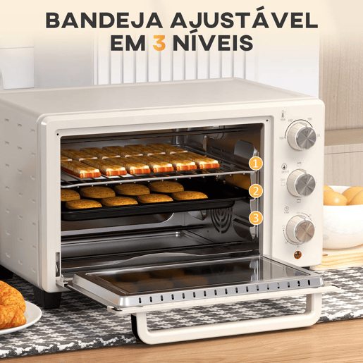 HOMCOM Forno Elétrico de Bancada Forno de Bancada de 21L 1400W Mini Forno Torradeira com Temporizador até 60min e Temperatura Regulável até 230? Creme