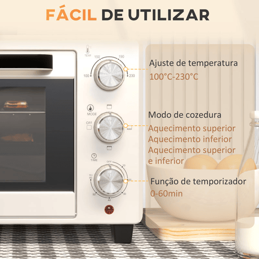 HOMCOM Forno Elétrico de Bancada Forno de Bancada de 21L 1400W Mini Forno Torradeira com Temporizador até 60min e Temperatura Regulável até 230? Creme