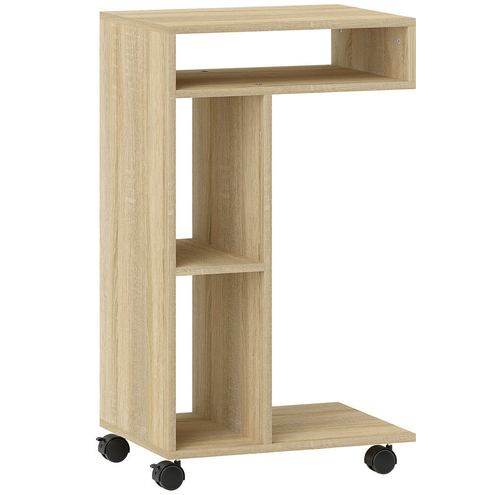 Homcom mesa auxiliar multifuncional en forma de c mesa auxiliar para sofá con ruedas compartimentos abiertos para sofá salón dormitorio oficina 40x30x69 cm roble