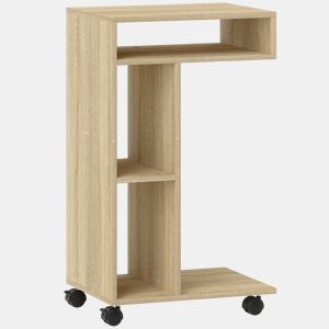 HOMCOM Mesa Auxiliar Multifuncional em Forma de C com Rodas, Compartimentos Abertos para Sofá, Sala, Quarto ou Escritório, 40x30x69 cm, Carvalho
