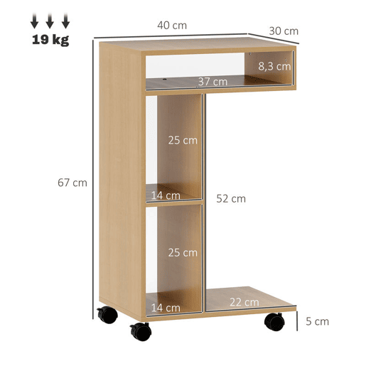 HOMCOM Mesa Auxiliar Multifuncional em Forma de C com Rodas, Compartimentos Abertos para Sofá, Sala, Quarto ou Escritório, 40x30x69 cm, Carvalho
