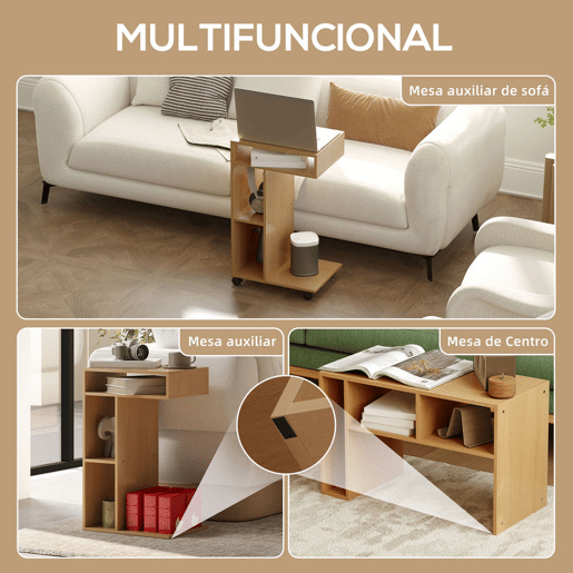 HOMCOM Mesa Auxiliar Multifuncional em Forma de C com Rodas, Compartimentos Abertos para Sofá, Sala, Quarto ou Escritório, 40x30x69 cm, Carvalho
