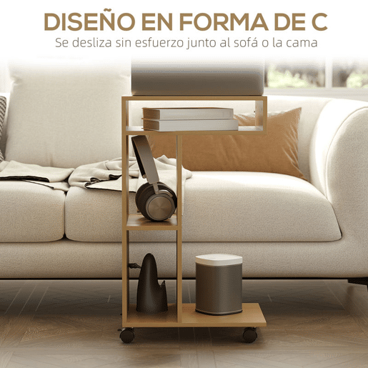 HOMCOM Mesa Auxiliar Multifuncional em Forma de C com Rodas, Compartimentos Abertos para Sofá, Sala, Quarto ou Escritório, 40x30x69 cm, Carvalho