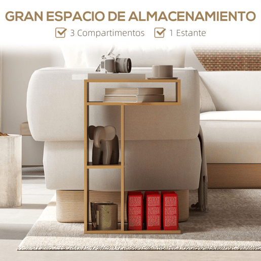 HOMCOM Mesa Auxiliar Multifuncional em Forma de C com Rodas, Compartimentos Abertos para Sofá, Sala, Quarto ou Escritório, 40x30x69 cm, Carvalho