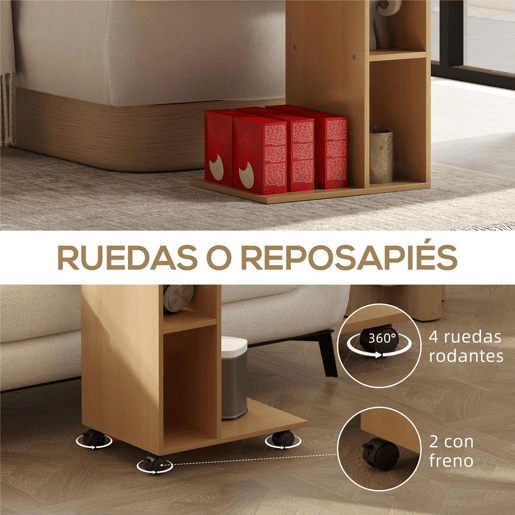 HOMCOM Mesa Auxiliar Multifuncional em Forma de C com Rodas, Compartimentos Abertos para Sofá, Sala, Quarto ou Escritório, 40x30x69 cm, Carvalho