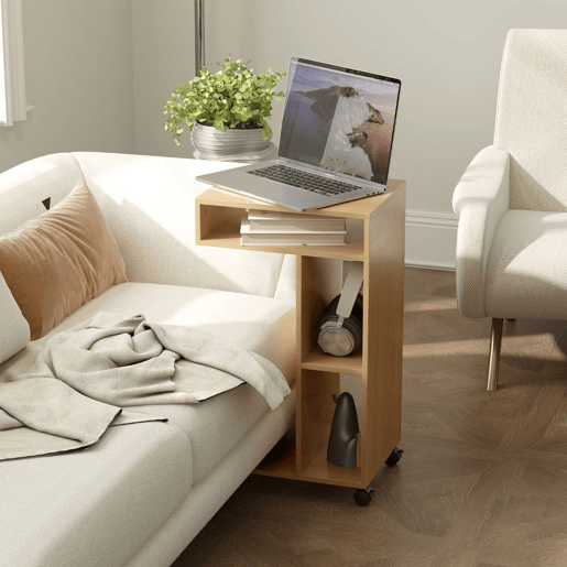 HOMCOM Mesa Auxiliar Multifuncional em Forma de C com Rodas, Compartimentos Abertos para Sofá, Sala, Quarto ou Escritório, 40x30x69 cm, Carvalho