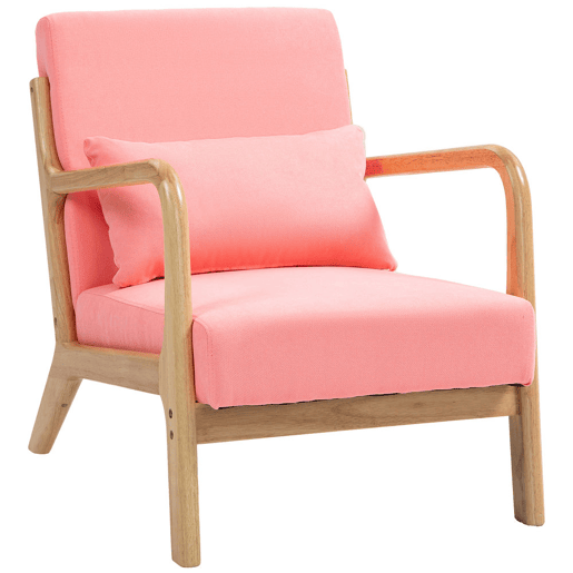 HOMCOM Poltrona Sala de Estar Nórdica Poltrona Individual Acolchoada com Apoio para os Braços e Estrutura de Madeira de Borracha para Dormitório Carga 120 kg 61x78x76 cm Rosa