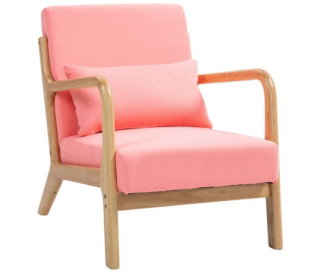 Homcom butaca de salón butaca nórdica sillón de salón con reposabrazos cojín y marco de madera de caucho para dormitorio carga 120 kg 61x78x76 cm rosa
