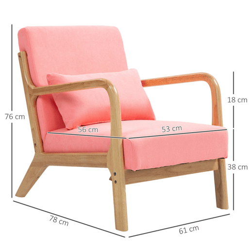HOMCOM Poltrona Sala de Estar Nórdica Poltrona Individual Acolchoada com Apoio para os Braços e Estrutura de Madeira de Borracha para Dormitório Carga 120 kg 61x78x76 cm Rosa
