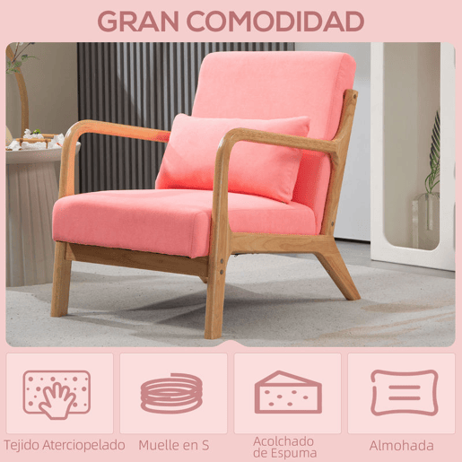 HOMCOM Poltrona Sala de Estar Nórdica Poltrona Individual Acolchoada com Apoio para os Braços e Estrutura de Madeira de Borracha para Dormitório Carga 120 kg 61x78x76 cm Rosa