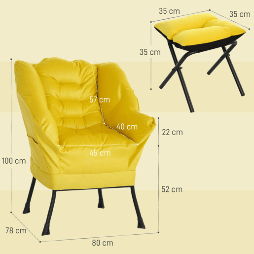 HOMCOM Poltrona Sala de Estar com Apoio para os Pés Poltrona Relax para Leitura com Bolsos Laterais e Pés de Aço para Sala de Estar Dormitório 80x78x100 cm Amarelo