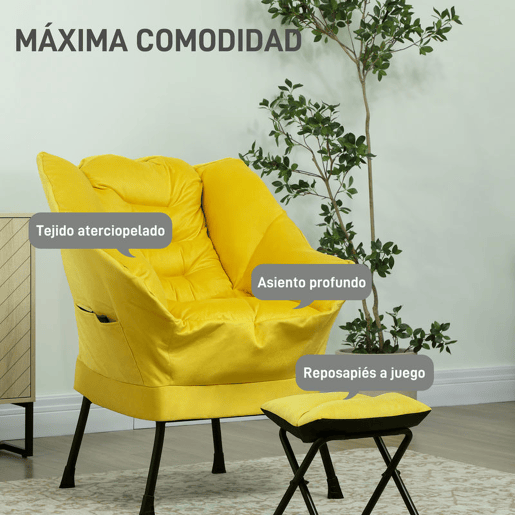 HOMCOM Poltrona Sala de Estar com Apoio para os Pés Poltrona Relax para Leitura com Bolsos Laterais e Pés de Aço para Sala de Estar Dormitório 80x78x100 cm Amarelo