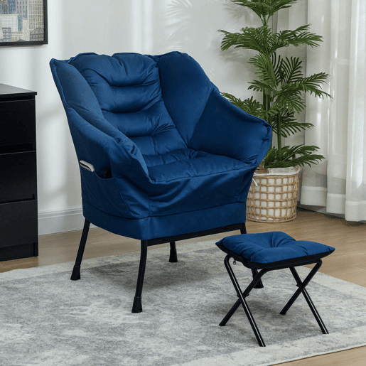 HOMCOM Poltrona Sala de Estar com Apoio para os Pés Poltrona Relax para Leitura com Bolsos Laterais e Pés de Aço para Sala de Estar Dormitório 80x78x100 cm Azul Escuro