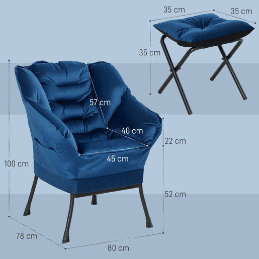 HOMCOM Poltrona Sala de Estar com Apoio para os Pés Poltrona Relax para Leitura com Bolsos Laterais e Pés de Aço para Sala de Estar Dormitório 80x78x100 cm Azul Escuro
