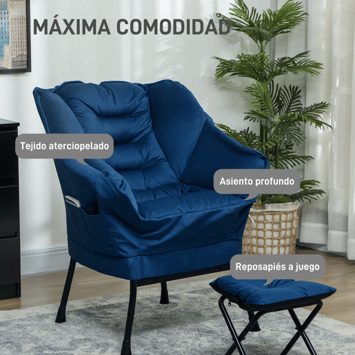 HOMCOM Poltrona Sala de Estar com Apoio para os Pés Poltrona Relax para Leitura com Bolsos Laterais e Pés de Aço para Sala de Estar Dormitório 80x78x100 cm Azul Escuro