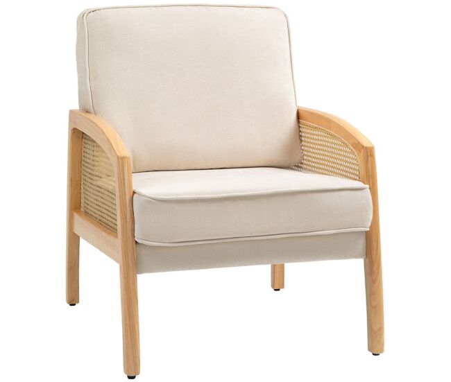 Homcom sillón de salón tapizado en chenilla butaca para dormitorio con 1 almohada lavable y reposabrazos de ratán sintético carga 120 kg 67x75x88 cm beige