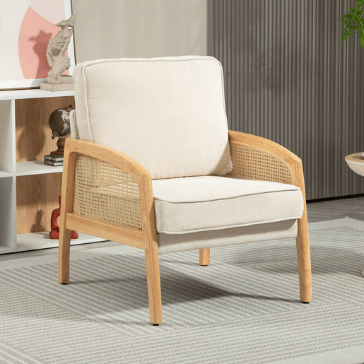 HOMCOM Poltrona Sala de Estar Moderna Poltrona Dormitório com Apoio para os Braços em Vime e Pés de Madeira Sofá Individual Carga 120 kg para Escritório Sala de Estar 67x75x88 cm Bege