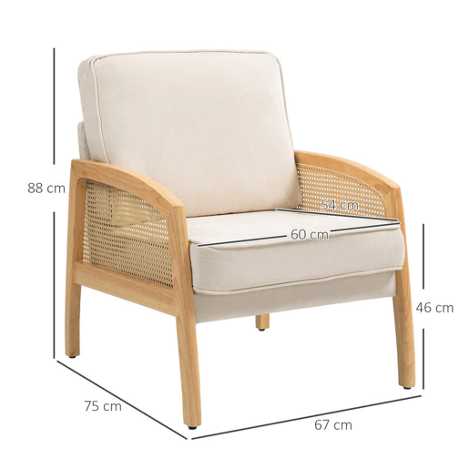 HOMCOM Poltrona Sala de Estar Moderna Poltrona Dormitório com Apoio para os Braços em Vime e Pés de Madeira Sofá Individual Carga 120 kg para Escritório Sala de Estar 67x75x88 cm Bege