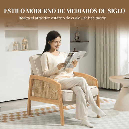 HOMCOM Poltrona Sala de Estar Moderna Poltrona Dormitório com Apoio para os Braços em Vime e Pés de Madeira Sofá Individual Carga 120 kg para Escritório Sala de Estar 67x75x88 cm Bege