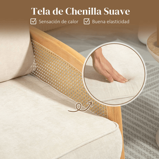 HOMCOM Poltrona Sala de Estar Moderna Poltrona Dormitório com Apoio para os Braços em Vime e Pés de Madeira Sofá Individual Carga 120 kg para Escritório Sala de Estar 67x75x88 cm Bege