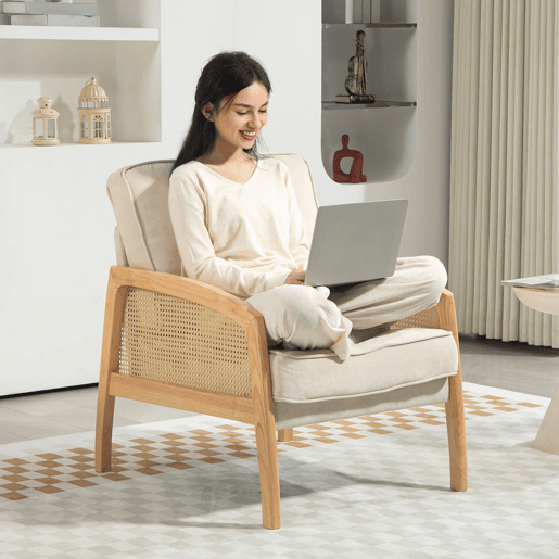 HOMCOM Poltrona Sala de Estar Moderna Poltrona Dormitório com Apoio para os Braços em Vime e Pés de Madeira Sofá Individual Carga 120 kg para Escritório Sala de Estar 67x75x88 cm Bege