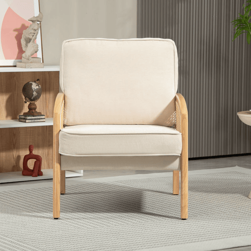 HOMCOM Poltrona Sala de Estar Moderna Poltrona Dormitório com Apoio para os Braços em Vime e Pés de Madeira Sofá Individual Carga 120 kg para Escritório Sala de Estar 67x75x88 cm Bege