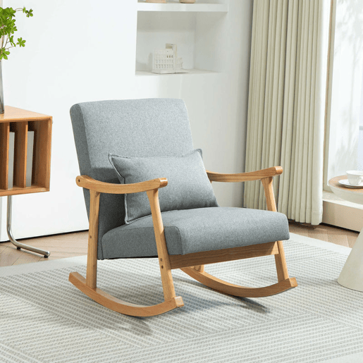 HOMCOM Poltrona Baloiço Moderna Poltrona de Amamentação com Almofada Lombar Encosto Amplo e Base de Madeira Carga 120 kg Poltrona Baloiço para Sala de Estar Dormitório 65x87x84 cm Cinza Claro