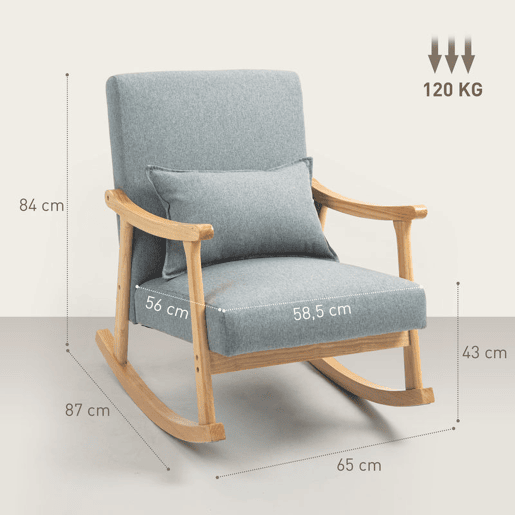 HOMCOM Poltrona Baloiço Moderna Poltrona de Amamentação com Almofada Lombar Encosto Amplo e Base de Madeira Carga 120 kg Poltrona Baloiço para Sala de Estar Dormitório 65x87x84 cm Cinza Claro