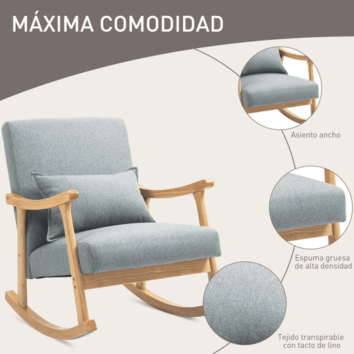 HOMCOM Poltrona Baloiço Moderna Poltrona de Amamentação com Almofada Lombar Encosto Amplo e Base de Madeira Carga 120 kg Poltrona Baloiço para Sala de Estar Dormitório 65x87x84 cm Cinza Claro