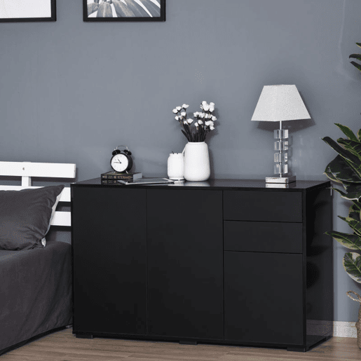 HOMCOM Aparador de Sala de Estar com 3 Portas 2 Gavetas e Prateleira Interior Ajustável Móvel Auxiliar de Armazenamento para Cozinha Dormitório Anti-Rolamento 117x36x74 cm Preto