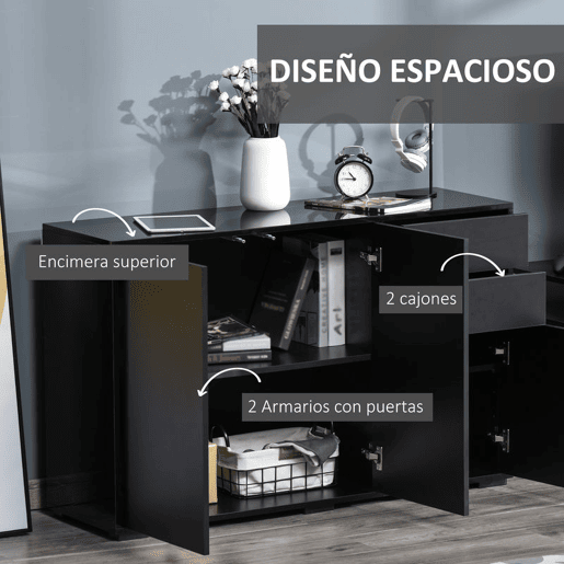 HOMCOM Aparador de Sala de Estar com 3 Portas 2 Gavetas e Prateleira Interior Ajustável Móvel Auxiliar de Armazenamento para Cozinha Dormitório Anti-Rolamento 117x36x74 cm Preto