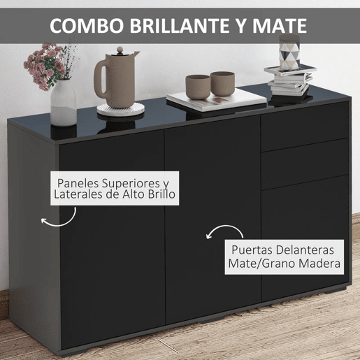 HOMCOM Aparador de Sala de Estar com 3 Portas 2 Gavetas e Prateleira Interior Ajustável Móvel Auxiliar de Armazenamento para Cozinha Dormitório Anti-Rolamento 117x36x74 cm Preto