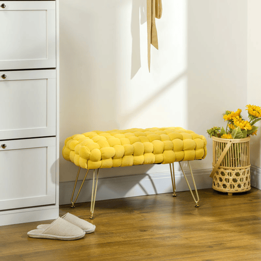 HOMCOM Apoio para os Pés Sala de Estar Apoio para os Pés em Veludo com Pés de Metal e Assento Acolchoado para Dormitório Entrada 76x38x41,5 cm Amarelo