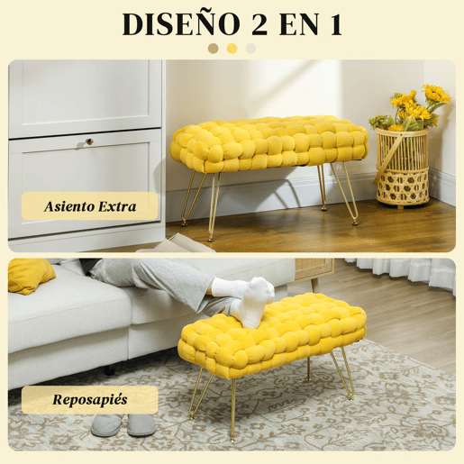 HOMCOM Apoio para os Pés Sala de Estar Apoio para os Pés em Veludo com Pés de Metal e Assento Acolchoado para Dormitório Entrada 76x38x41,5 cm Amarelo